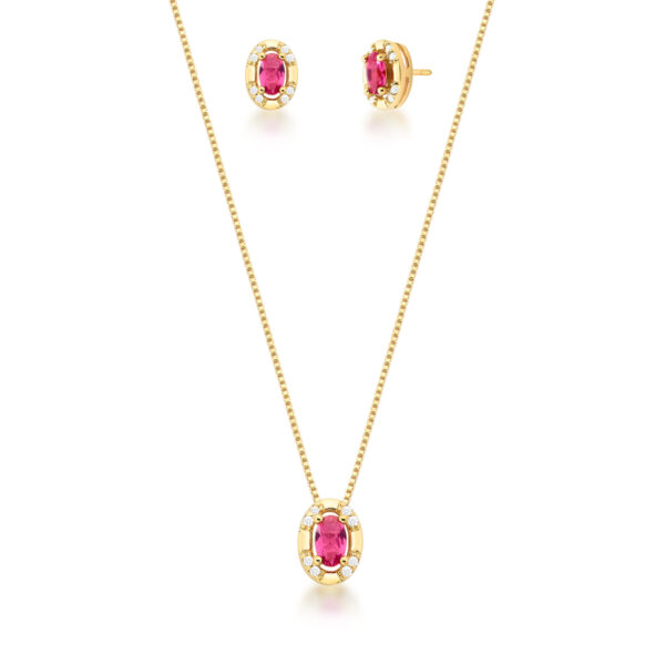 Conjunto Colar E Brinco Oval Com Cristal Rosa