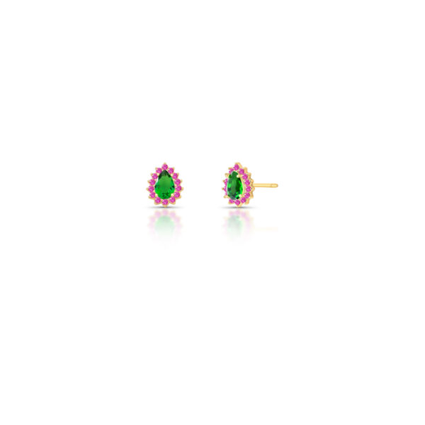 Brinco De Gota Com Cristal Verde E Zircônias Rosas