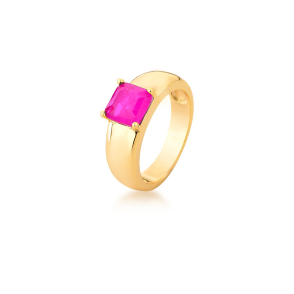 Anel Com Cristal Quadrado Rosa Banhado A Ouro 18k