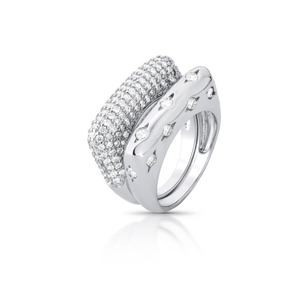 Anel Duplo Cravejado De Zircônias E Cristais Banhado A Ródio Branco